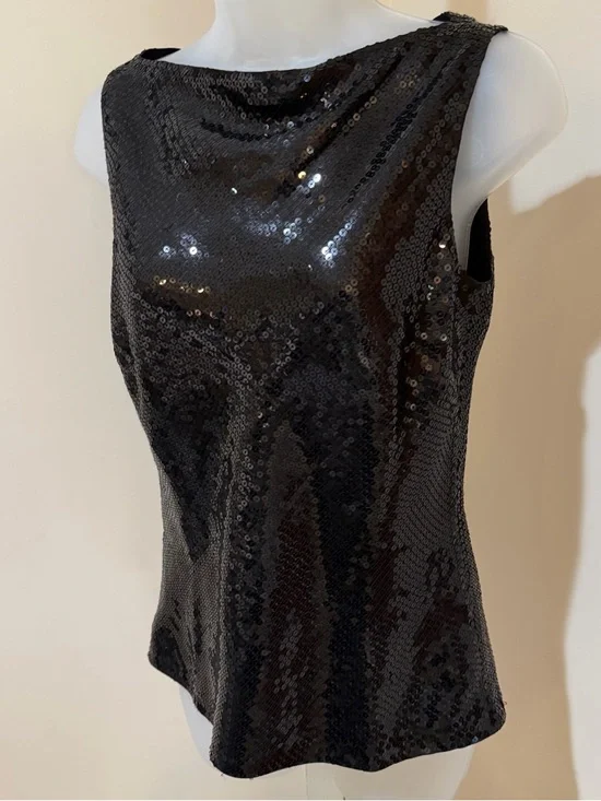 NEW BEAUTIFUL ANN TAYLOR BLACK SEQUIN BOAT NECKLINE SLEEVELESS TOP SIZE 0 - Picture 6 of 16